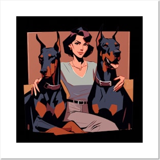 Retro woman with two doberman dogs Posters and Art